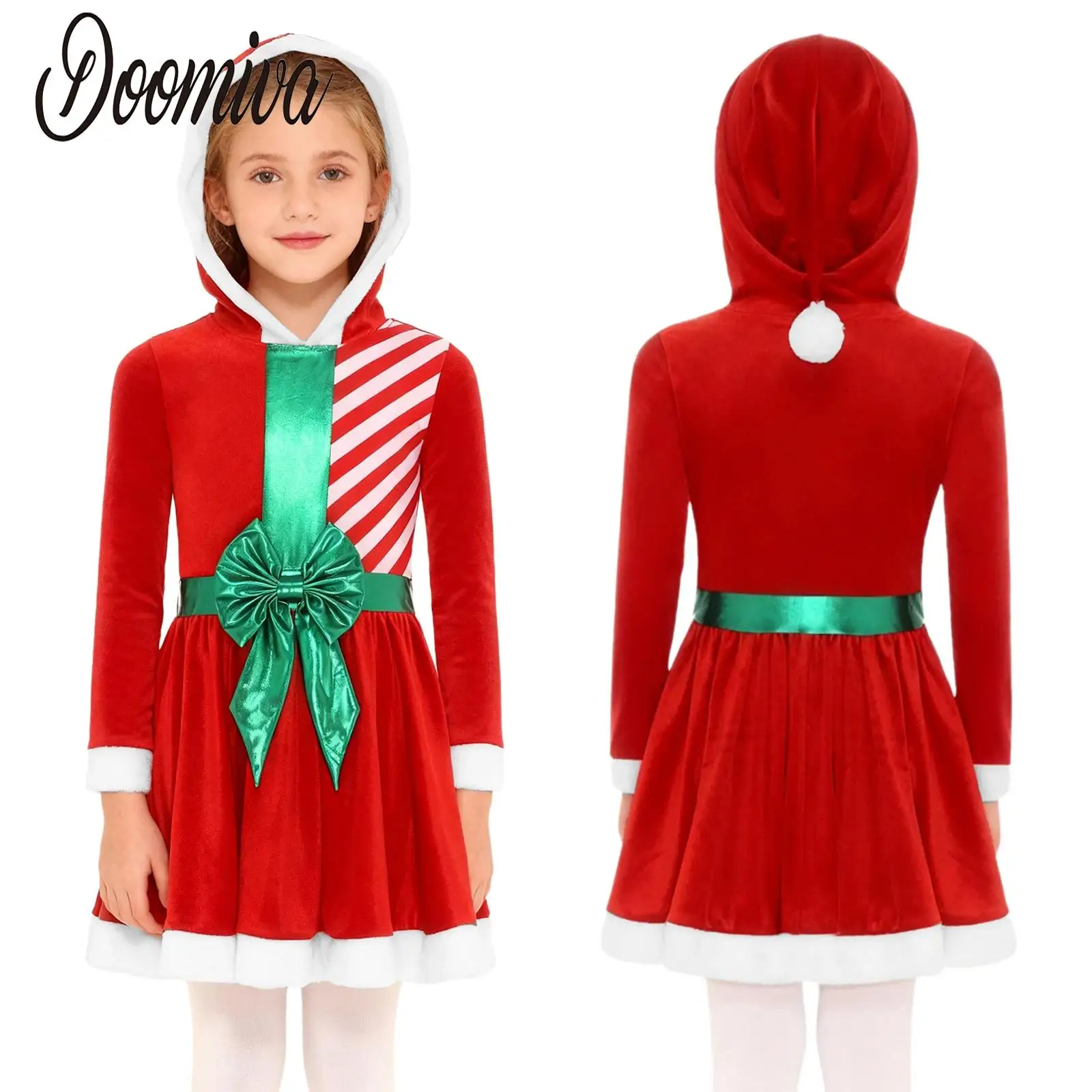

Girls Christmas Santa Claus Tutu Dress Dancewear Long Sleeve Stripe Waist Bow Hoodie Dress for Xmas Festival Parties Photography