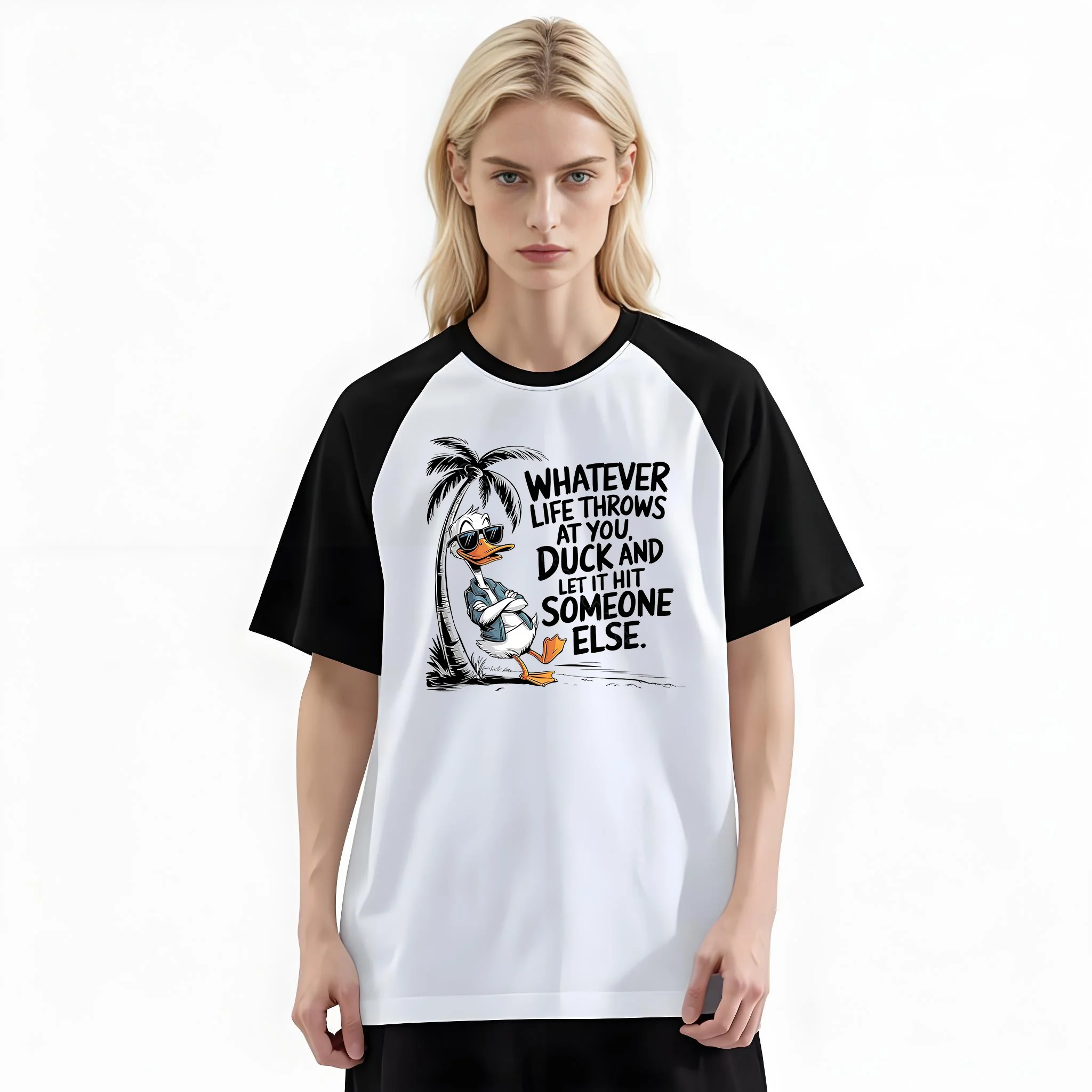 Women'S Fashion Raglan Sleeve T-Shirt, Whatever Life Throws At You Duck Cartoon Funny Printed, Summer Casual Comfortable Tee, Women'S Everyday Short-Sleeve Top