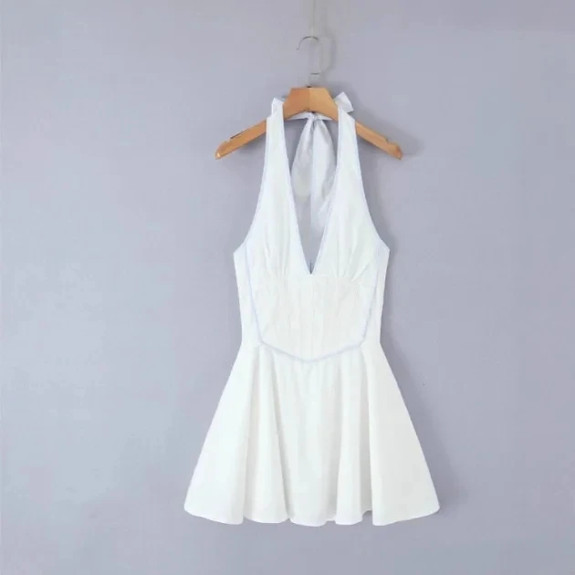 

2025 New Halter Neck V Neck Backless Sleeveless Short Dress Women Slimming A Line White Sexy Summer Outfit