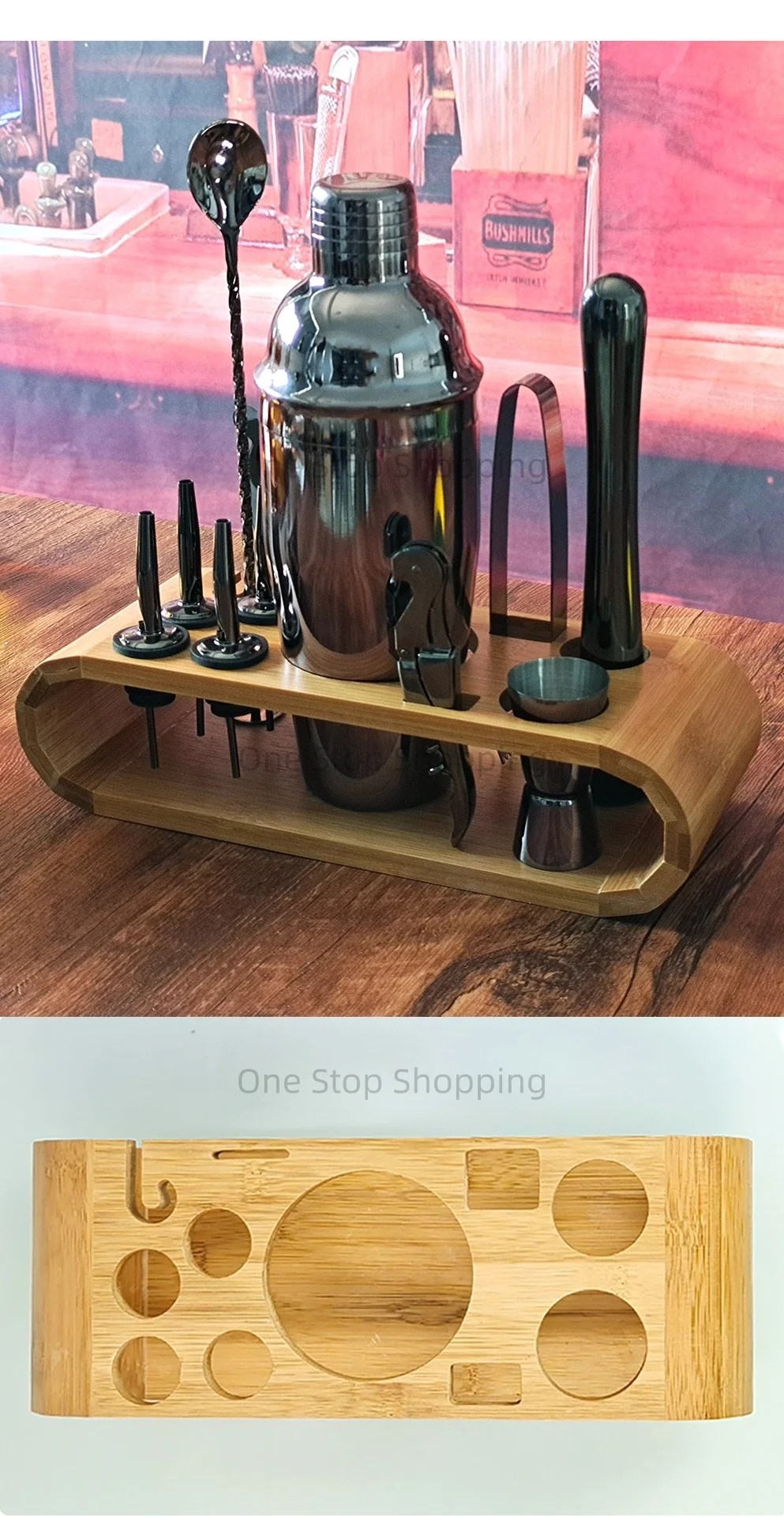 12PCS Cocktail Shaker Set Barkeeper Kit Bar Set Bambus Ständer Matini Shaker Rührlöffel Muddler Jigger Cocksrew für Barware Set – Detail 10