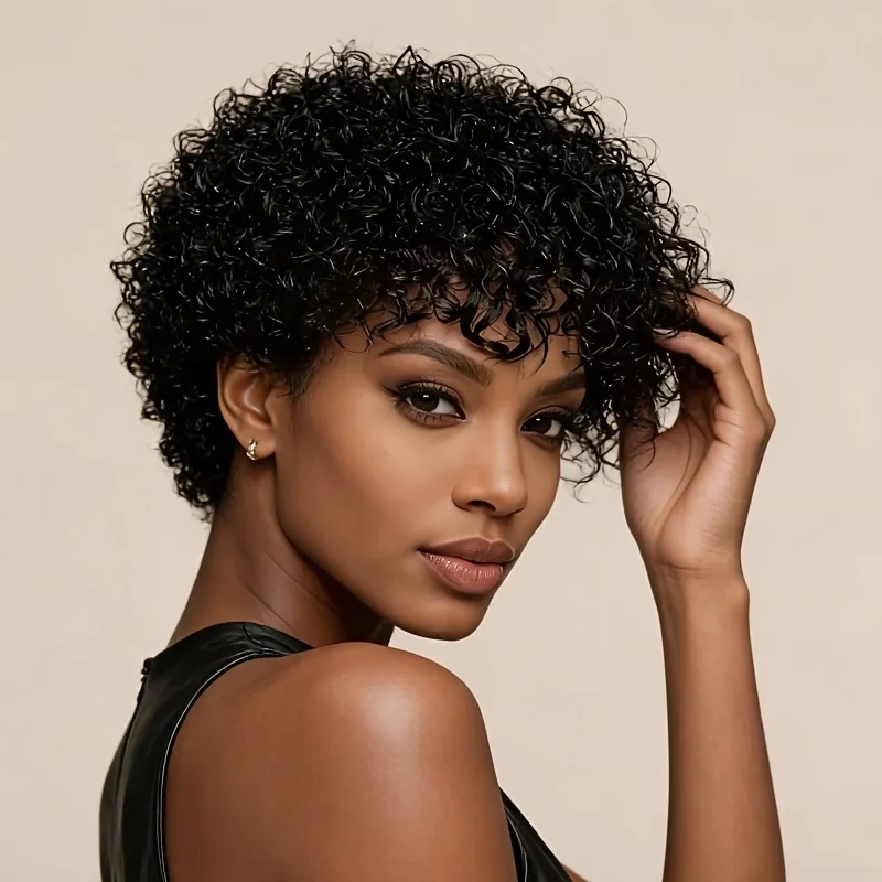 

Короткий кудрявый парик из натуральных волос, полностью машинной работы, с эффектом афро-кудри.