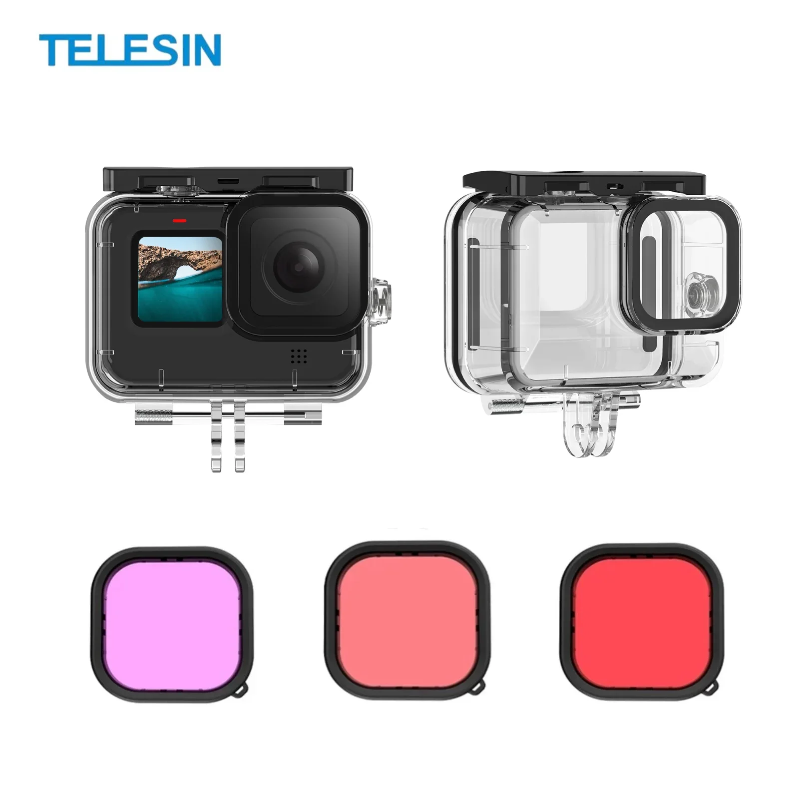 

TELESIN Filter Len Waterproof Case Set for GoPro Hero 12 11 10 9 Underwater 60M Diving Protective Shell Action Camera Accessorie