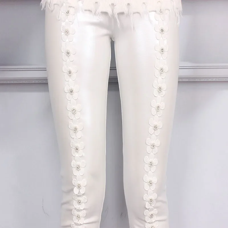 

Winter Fall Women Elastic High Waisted Appliques Stretch Pu Leather Pants , Womens White Slim Fit Legging Warm Thick Trousers