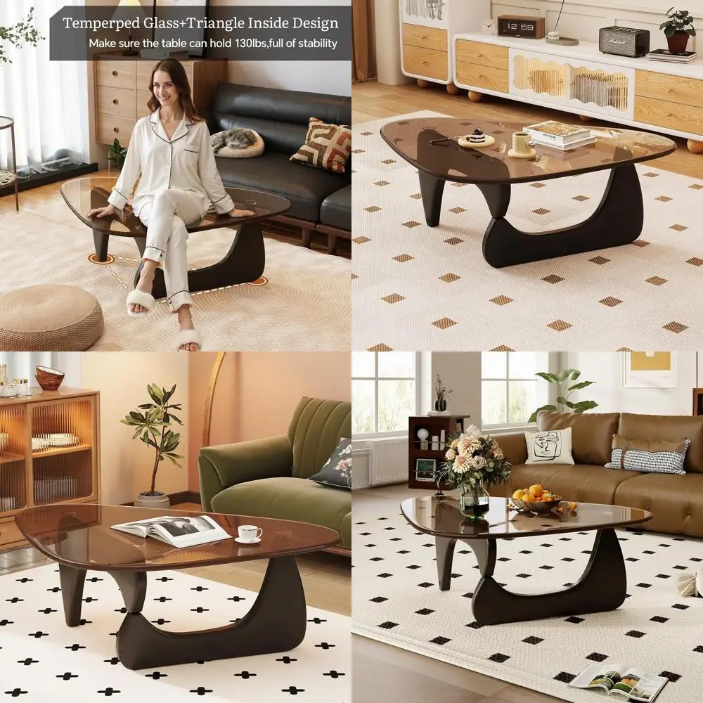 

Современный журнальный столик для гостиной со стеклянной столешницей и основанием из коричневого/черного дерева