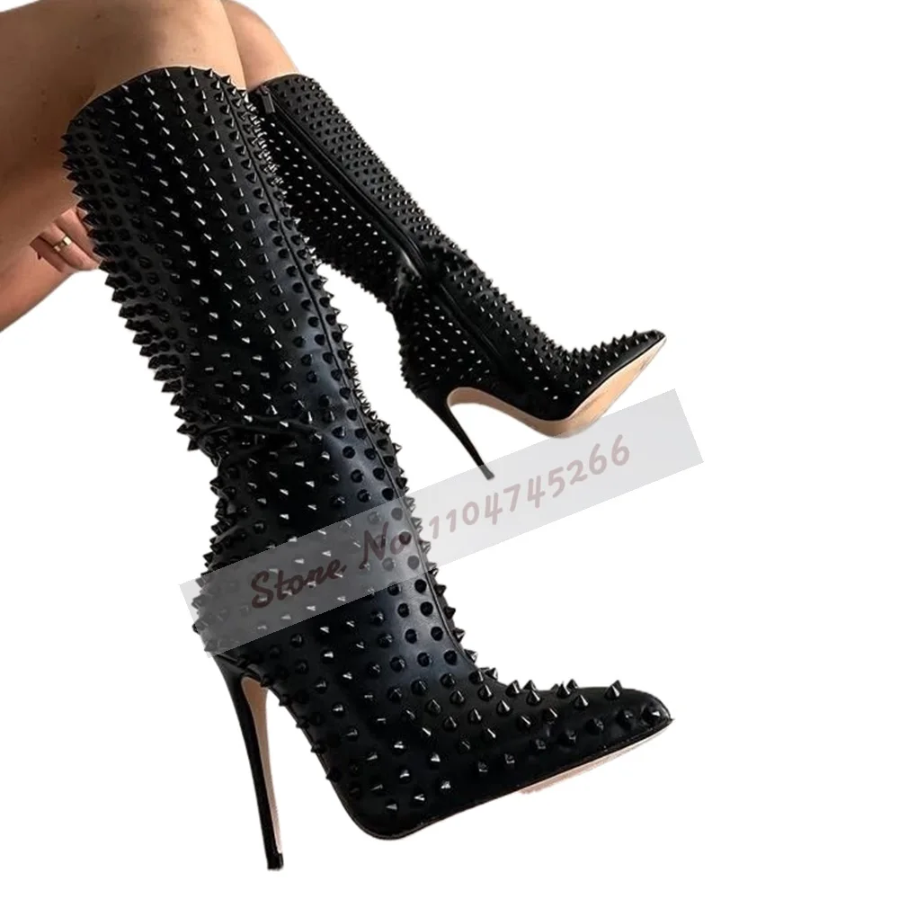أسود ماتي جلد كامل المسامير الركبة أحذية النساء رقيقة عالية الكعب أشار تو المسامير أحذية طويلة مضغوط فستان الخريف الشتاء الأحذية