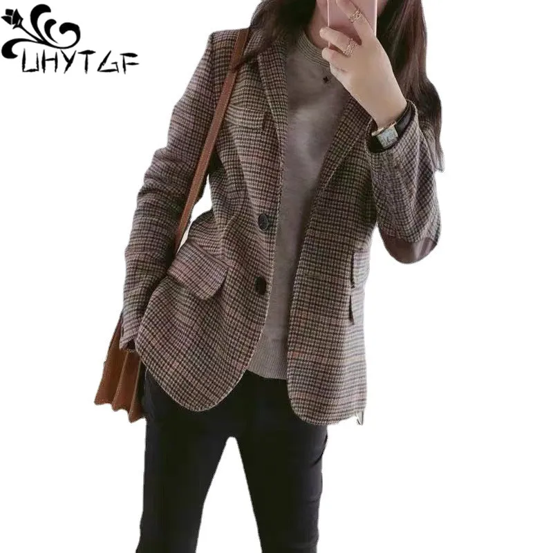 

UHYTGF 2022 New Plaid Woolen Blazers Coat Women Korean Slim Autumn Winter Jackets Female Casual 4XL Size Outerwear Ladies 182