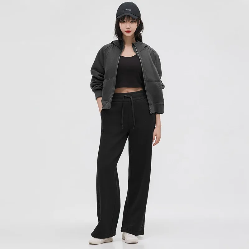 Yoga New Style Sports Casual High Waist Loose Drawstring Straight Fleece Lined Warm Wide Leg Sweatpants