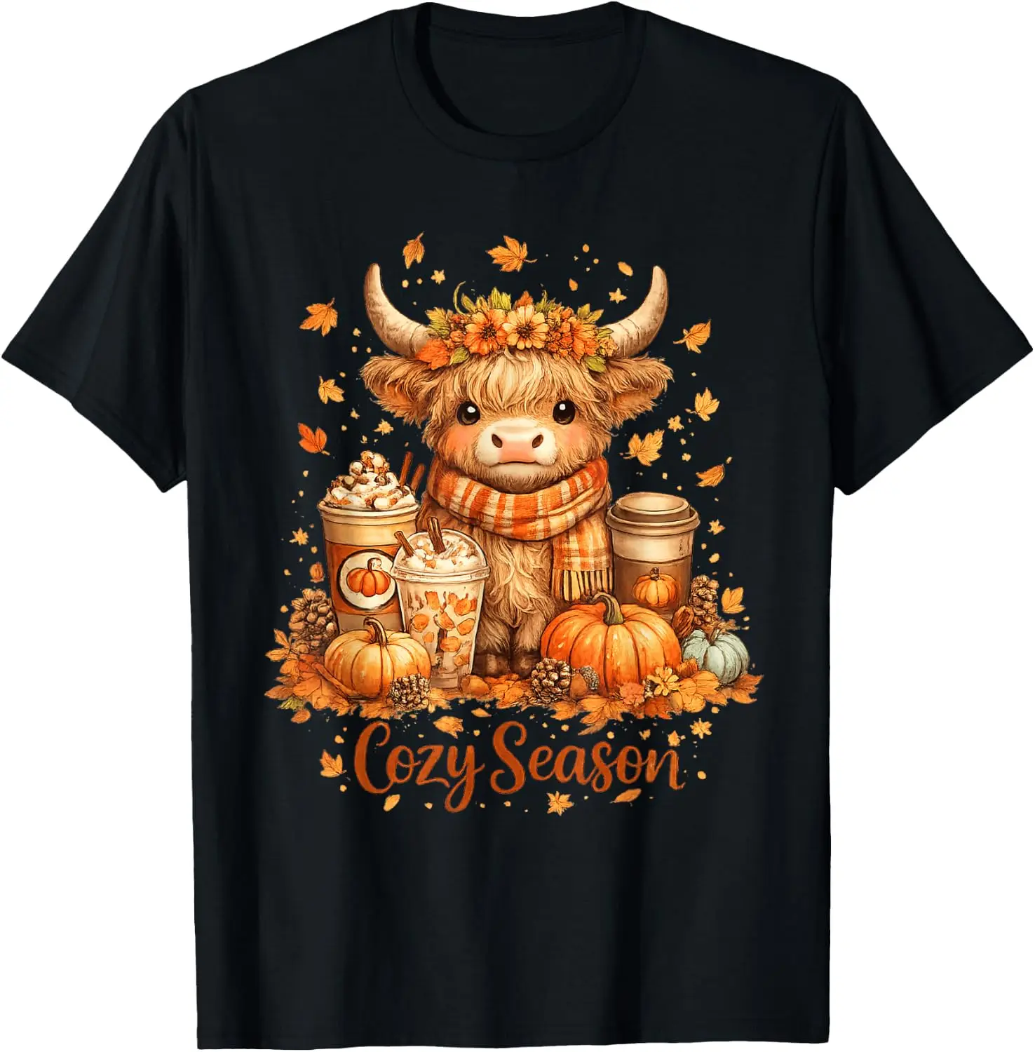 Cozy Season Highland Cow Pumpkin Fall Design T-Shirt