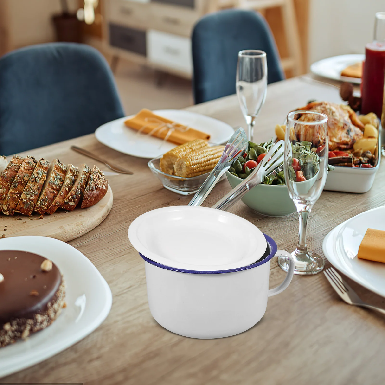 

Retro Enamel Noodle Bowl Lidded Design Thick Base Food Serving Bowl Multi-Use Kitchen Supplies Kitchen Tableware