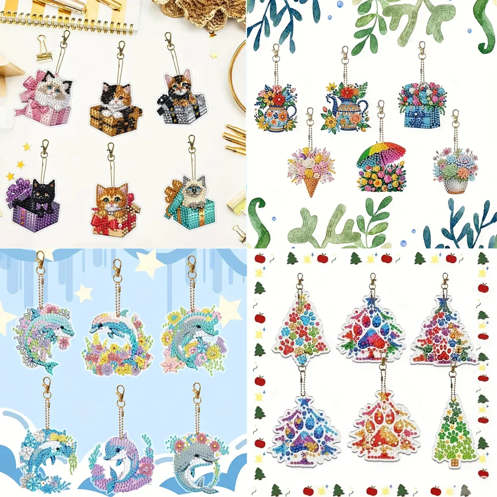 6-piece DIY Diamond Keychain - Cat Pattern Series, Handmade Decoration, Diamond Painting Set Material, Handmade Series