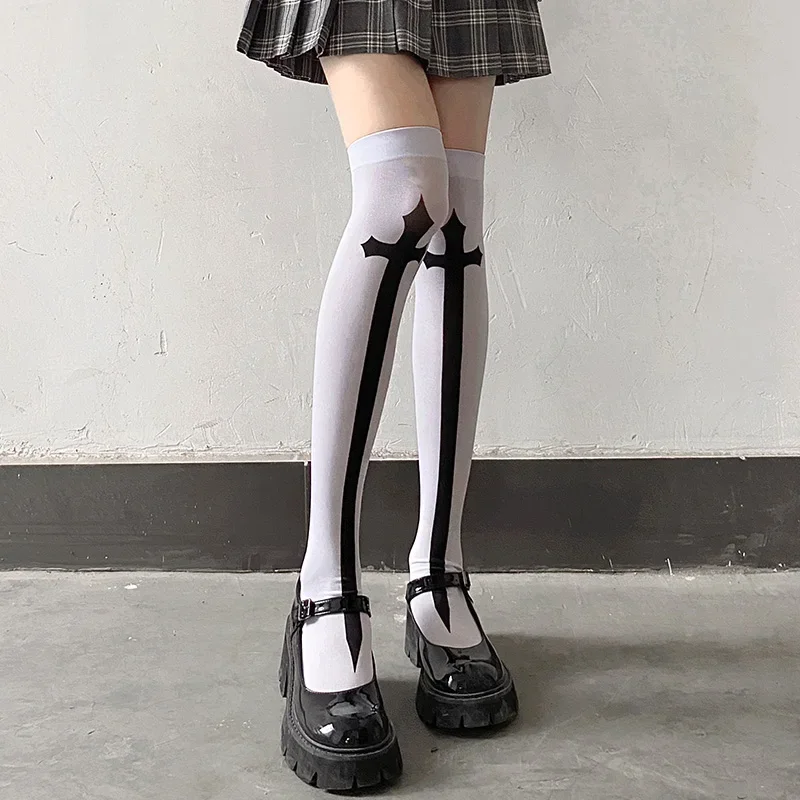 Bas croisés Punk Harajuku pour femmes, chaussettes hautes noires pour filles, bas gothiques foncés Y2K, bonneterie de fête de festival, chaussettes longues au genou Lolita