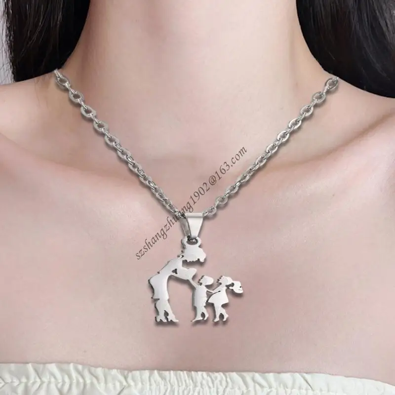 Q6RB Mothers Day Silhouettes Necklace Silver Color Mom Daughter Family Necklace