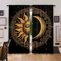 2Pcs Black Golden Curtains Sun And Moon Pattern Curtains Suitable For Bedroom Kitchen Dining Room Living Room Study Office