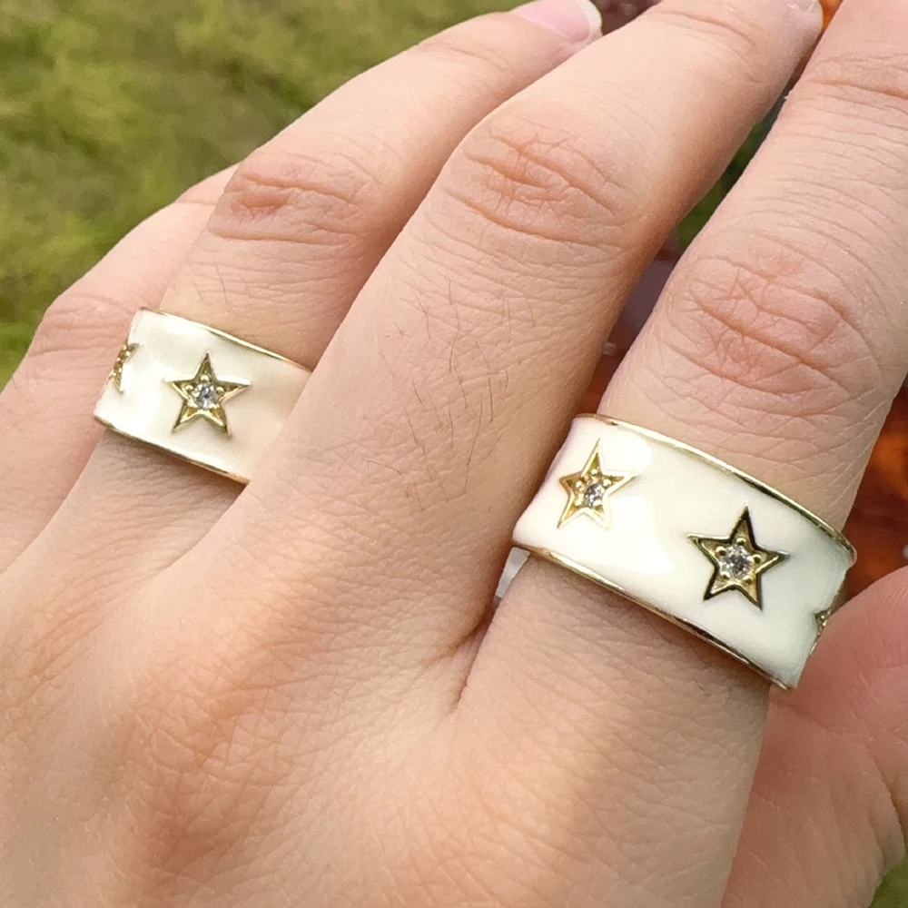 

Белая эмаль Cz, покрытые золотым покрытием, кольца на палец для женщин, свадебной вечеринки, кольцо с геометрическим рисунком Cz Star, ювелирное изделие, подарок