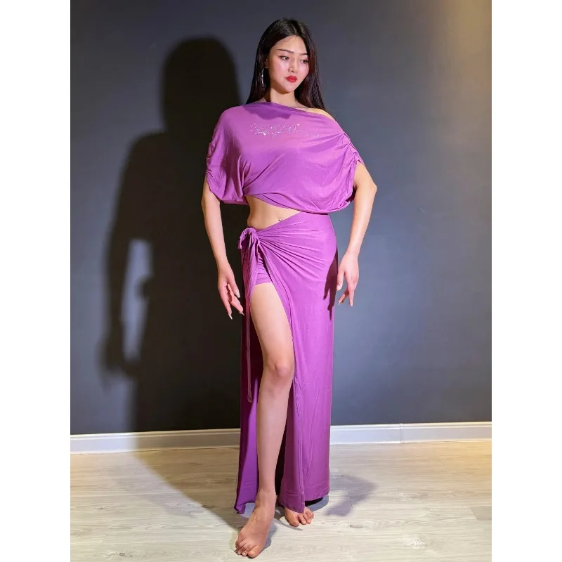Customized 2Pcs Modal Slanted Shoulder Top Wrapped in Skirt Hot Diamond Off Shoulder Belly Dance Costumes Top+Skirt Suit Set