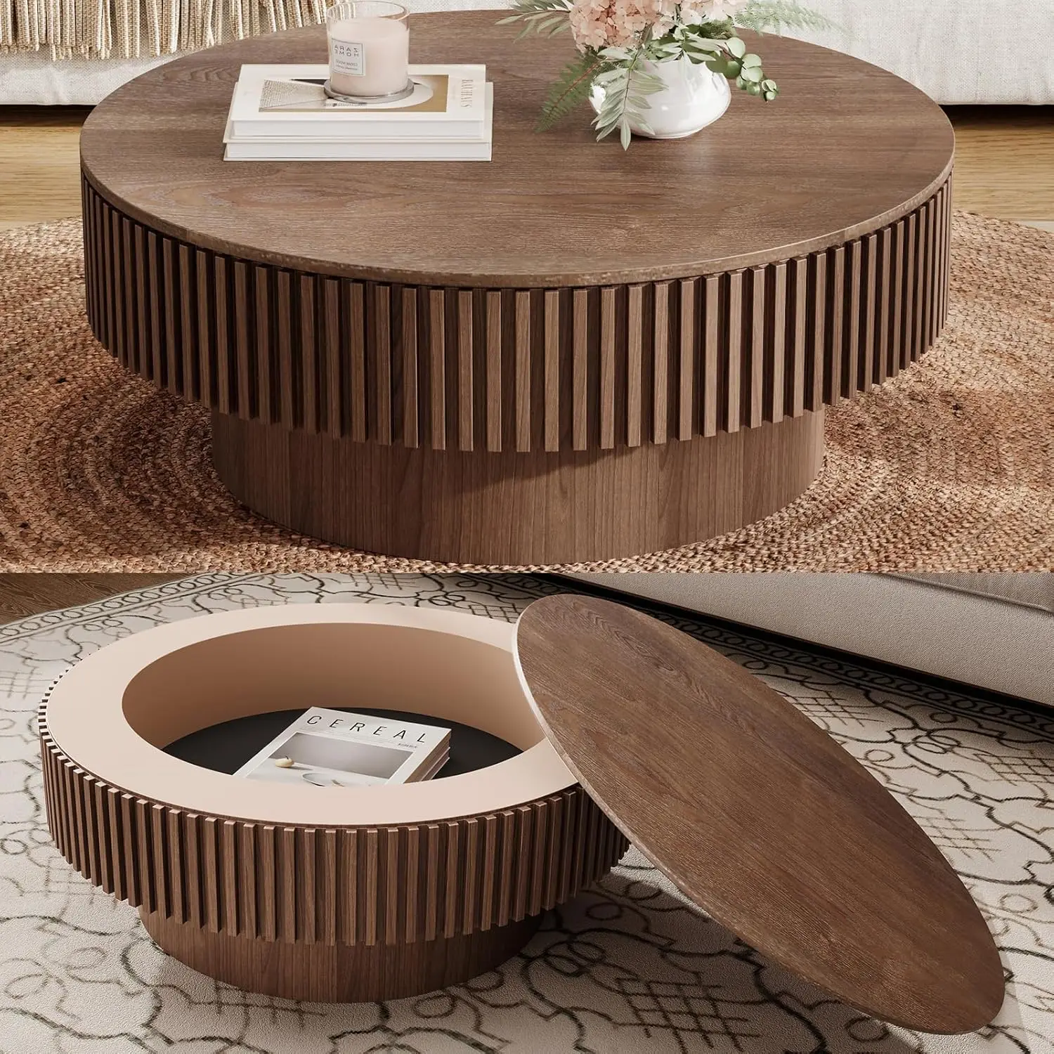 

31.5'' Round Coffee Table with Storage, Modern Luxury Circle Drum Center Tables with Solid Wood Veneered, Accent, Customized