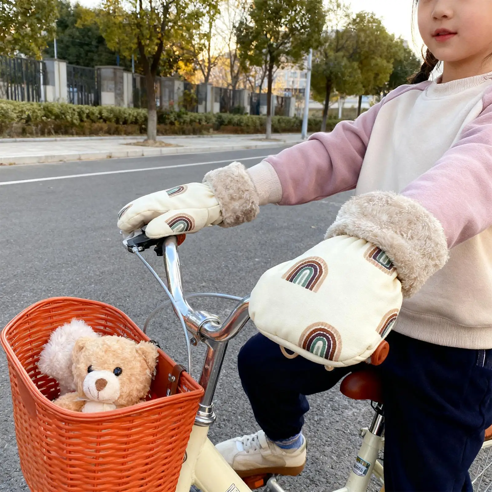 

Winter Stroller Gloves Windproof Plush Lined Warmmuffs Anti-Freeze Kids Balance Bike Gloves Rainbow Pattern For Winter Cold