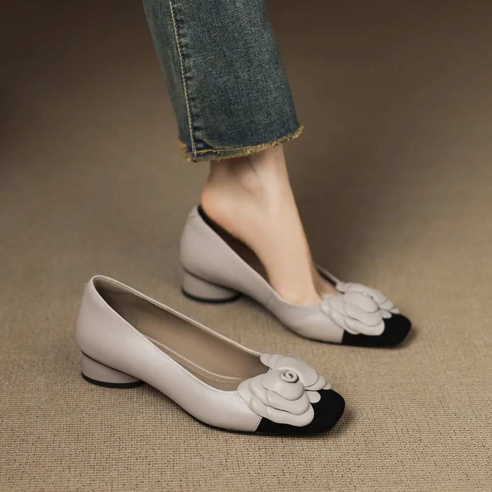 Fashion Flower Single Shoes Autumn New Square Toe Shallow Mouth Slip-on Non-Slip Low-Top Shoes