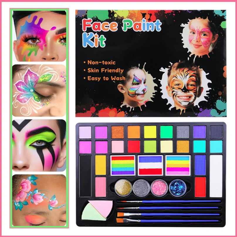 페이스 페인트 안료 키트 바디 페인팅 수용성 레인보우 팔레트 브러쉬 포함 성인용 할로윈 코스프레 파티 아트 메이크업