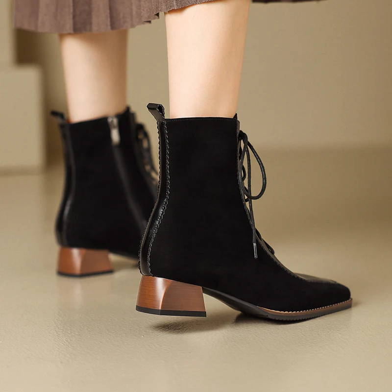 2023 Autumn winter Women ankle boots natural leather 22-25cm Sheep suede+cow split leather modern boots mixed color short boots