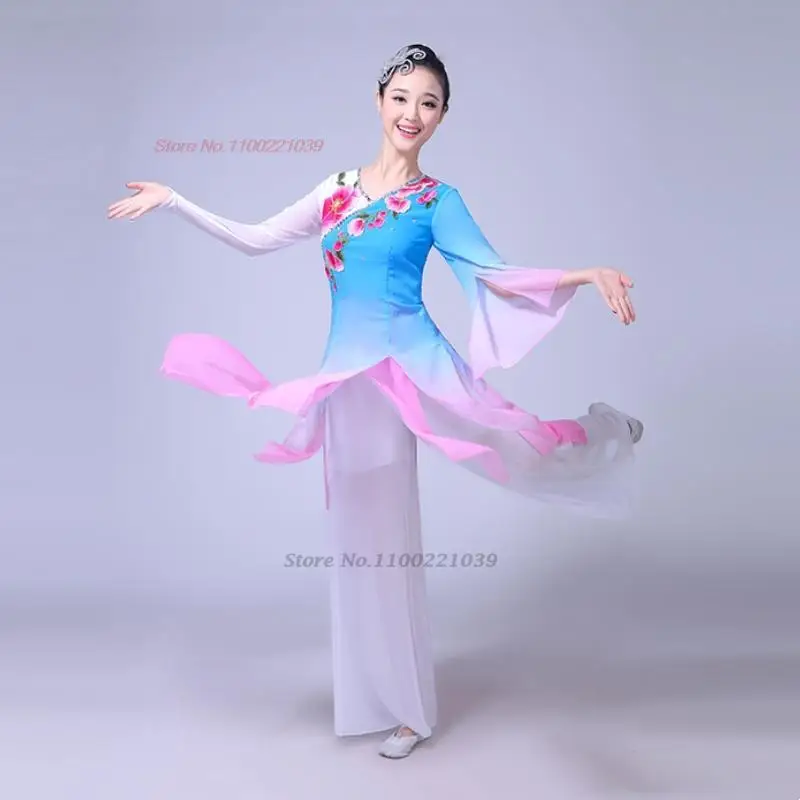 2025 ملابس رقص صينية تقليدية الوطنية زهرة التطريز مرحلة الأداء بلايز + فستان أطفال مع سروال داخلي زي رقص شعبي hanfu