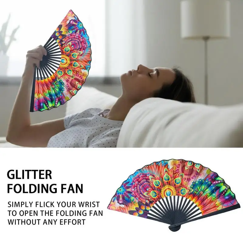 23cm Classics Folding Fan Hand Fans Rainbow Print Black Bamboo Bone Fan Cooling Handheld Fan Festival Performance Dance Fan Gift