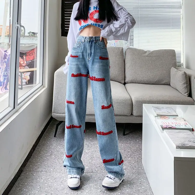 Spring Autumn New Fashion Button Zipper Patchwork Chic Jeans Women High Street Casual Embroidered Pure Cotton Wide Leg Trousers