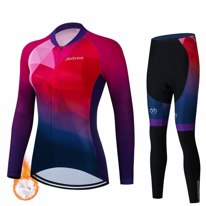 2023 Women Winter Thermal Fleece Sport Cycling Jersey MTB Bicycle Clothing Warm Long Sleeve Triathlon Mountain Bike Bib Pant Set