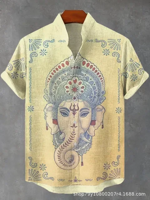 2024 Fashion new men's short -sleeved shirt Indian elephant printed daily casual men's stand -up collar top large size men's shi