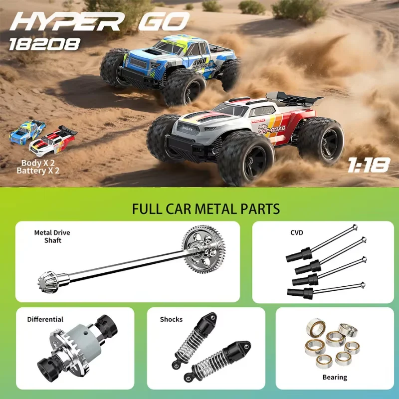 MJX HYPER GO 1:18 Mini Monster 18208 RC auto 2.4G afstandsbediening Dual Shell dubbele batterij 30 km/u hoge snelheid Monster Truck, terreinwagen 1/18 speelgoedauto RTR jongen cadeau