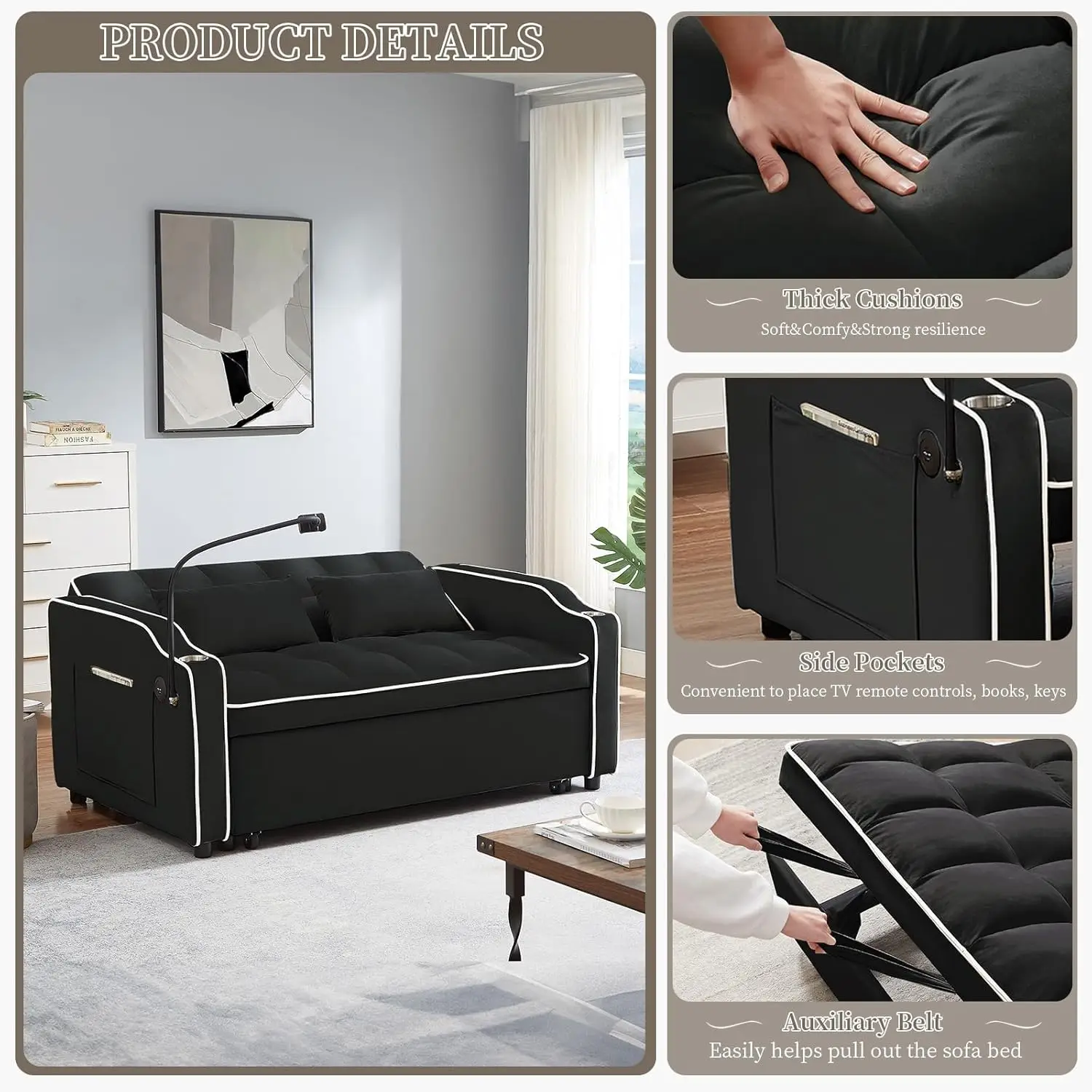 3 in 1 Convertible Sleeper Sofa Bed Velvet Pull Out Couch Bed USB Type C Port Comfy Futon Loveseat Adjustable Backrest Phone