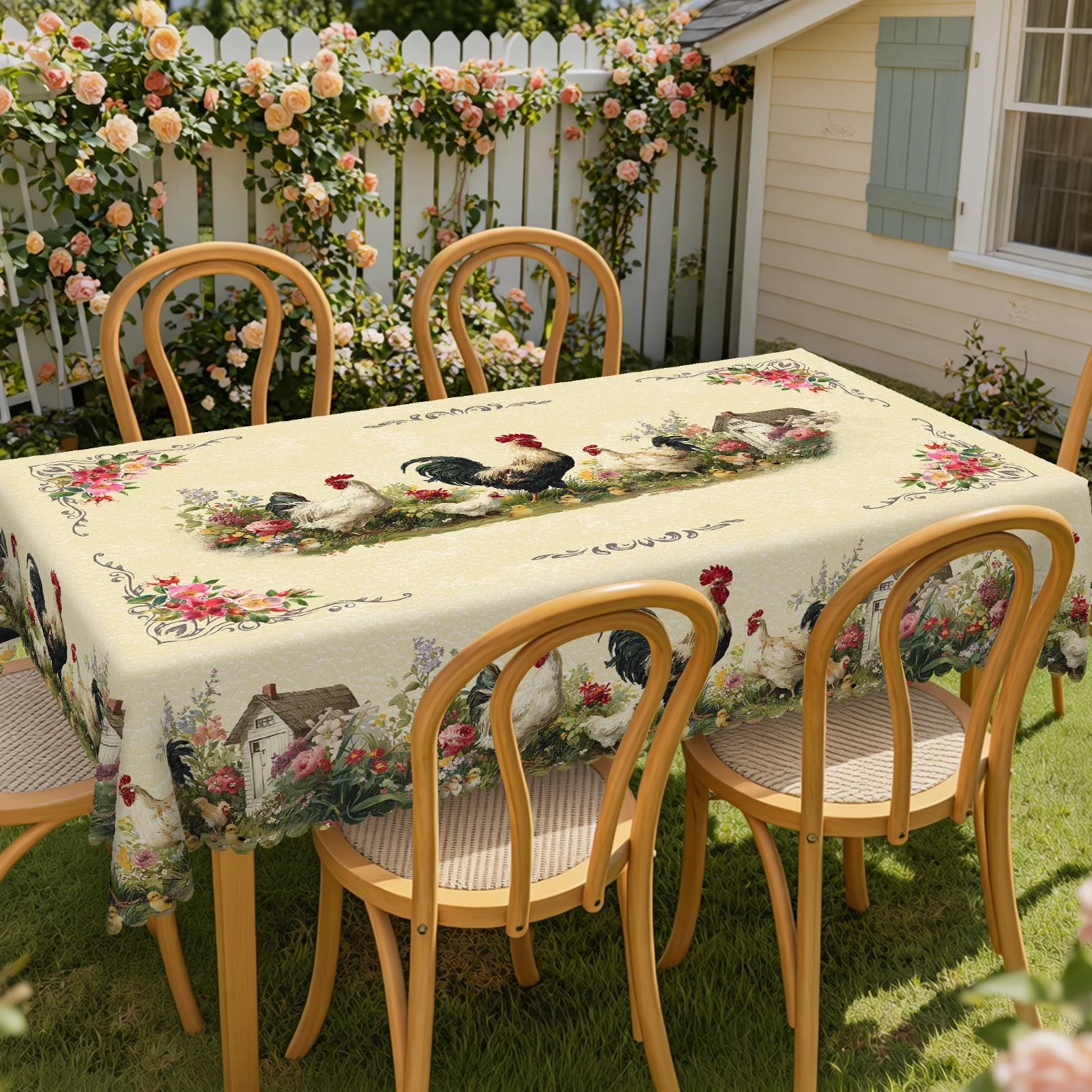 Toalha de mesa com tema de galo, estilo fazenda vintage, galinhas realistas, rosas e outras impressões florais, bordas em relevo, à prova d'água, resistente ao desbotamento, adequada para ambientes internos e externos