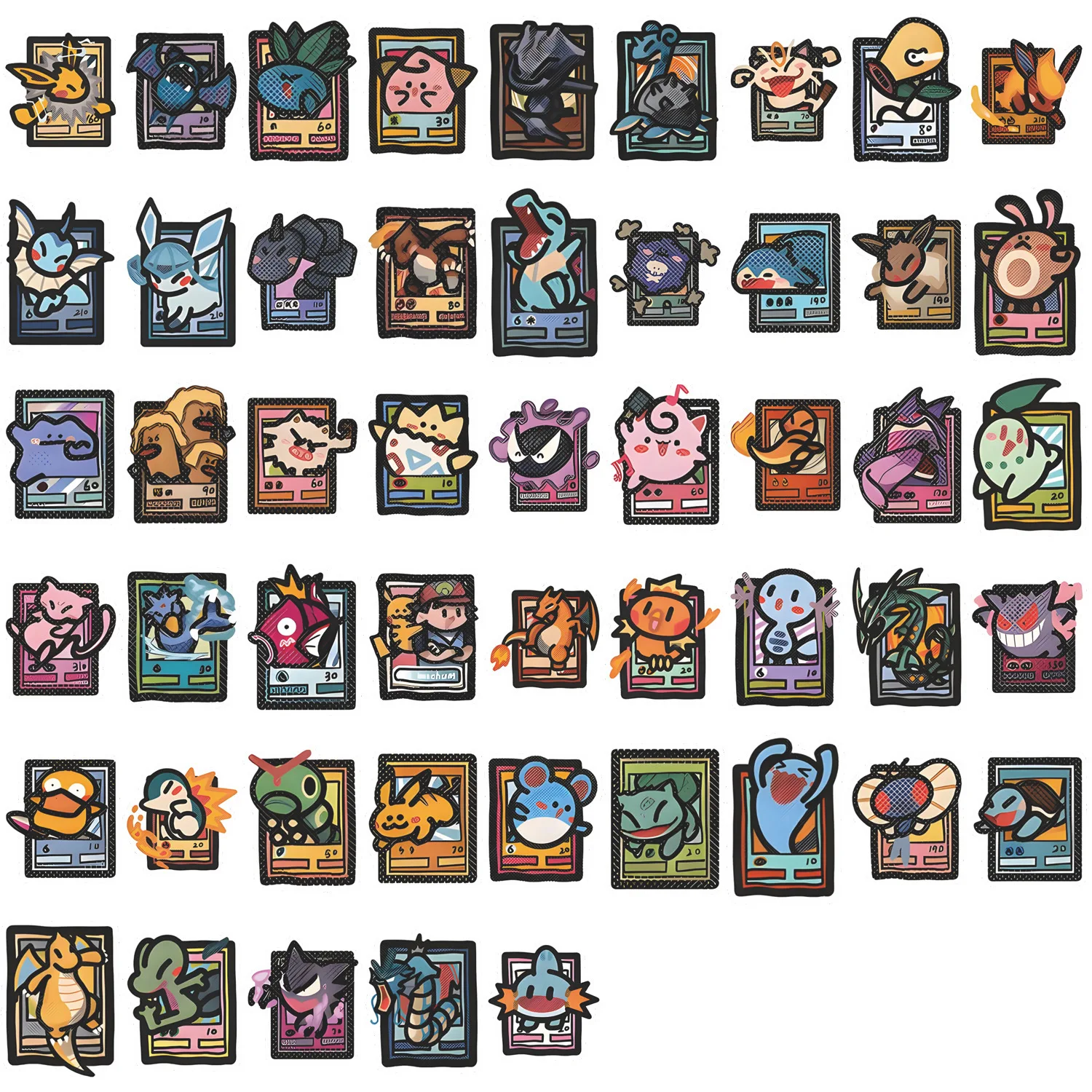 50 SZTUK Śmieszne Naklejki z Kartami Pokémon Kreskówkowe Urocze Anime Dekoracje Wodoodporne na Telefon Komórkowy, Laptop, Deskorolkę, Zabawki, Naklejki na Prezent