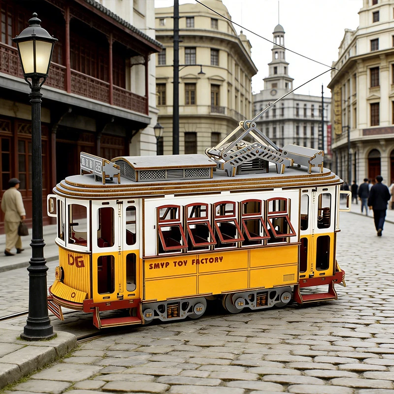 Tram 3D Wooden Puzzle Streetcar Station Retro Car Bus DIY Sailing Ship Airplane Model Jigsaw Assembly Toy For Children Kids Gift