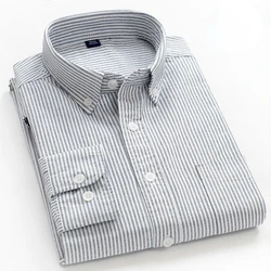 New 100% Cotton Oxford Shirt Men's Long Sleeve Striped Plaid Casual Shirts Korean Clothes High Quality Business Dress Shirt Grey