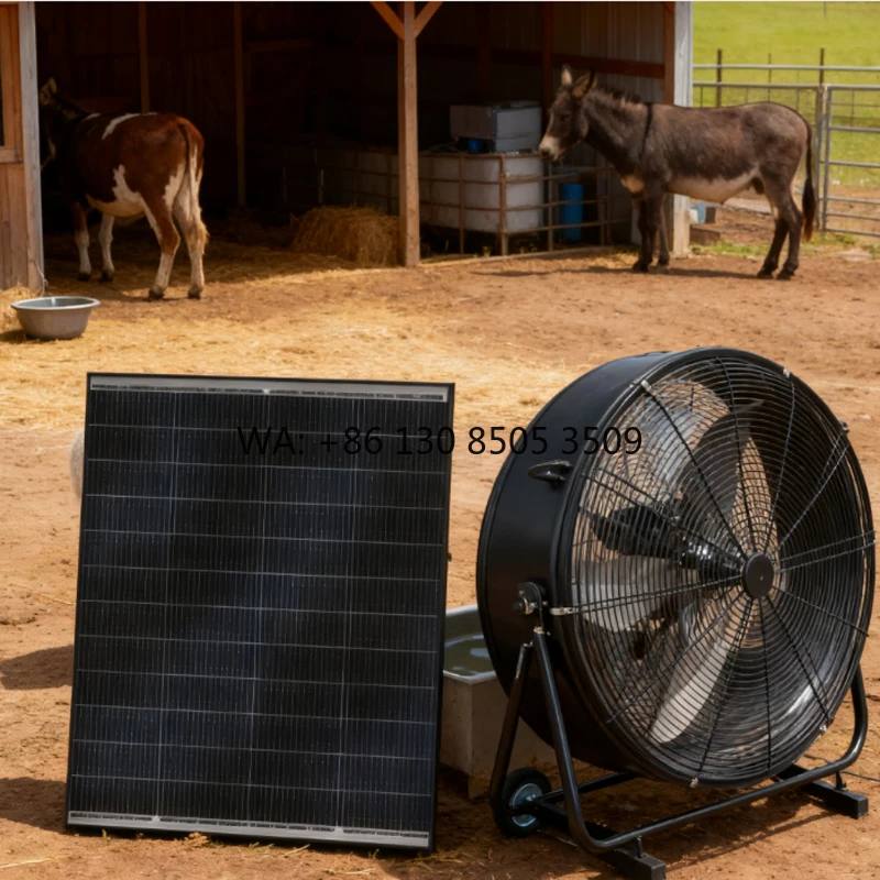 

Mobile Solar Floor Fan 100-150W Iron Frame Rust Proof Smart Temperature Control for Factory Greenhouse