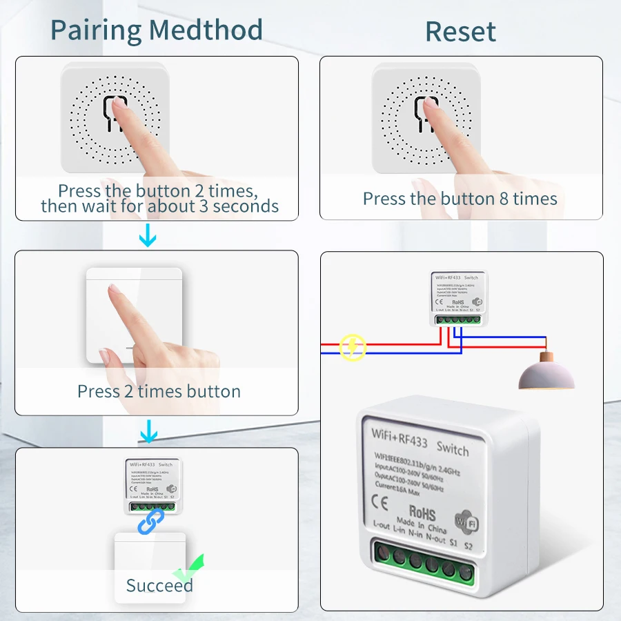 16A/20A Tuya WiFi Smart Switch RF 433MHz 1/2/3 Gang Wireless Wall Switch Works with Alexa Google Assistant For Home LED Lamp