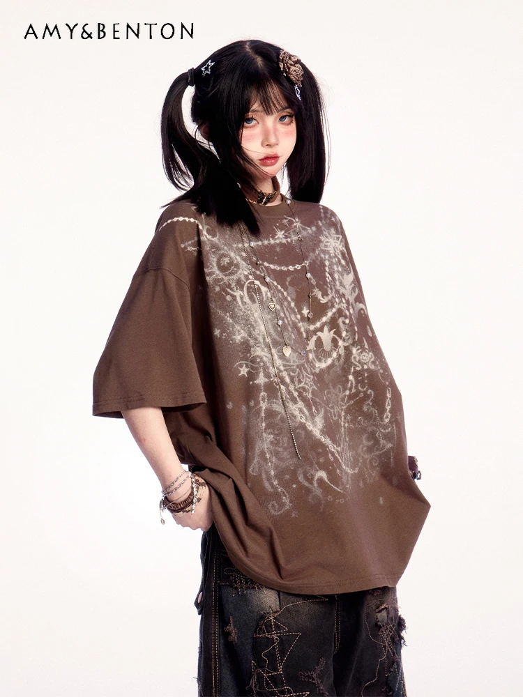 

2025 Summer New Wasteland Style Printed Short Sleeve T-Shirt High-End Design Loose Slimming Half Sleeve Casual Top