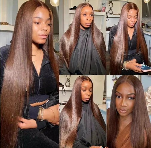 13x4 Straight Chocolate Brown Lace Front Human Hair Wigs 100% Woman Pre Plucked Honey Brown HD Transparent Lace Frontal Wig