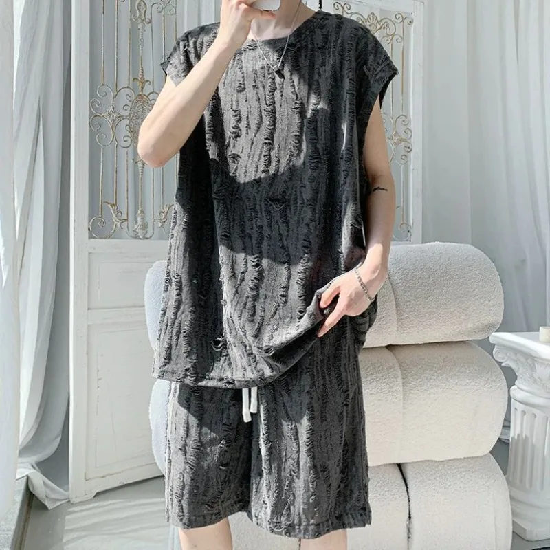 

Teen Boys Sports Set Hollow Out Hole Vest Tank Top Summer Thin Lightweight Men's Loose Fit Sleeveless T Shirt Matching Set