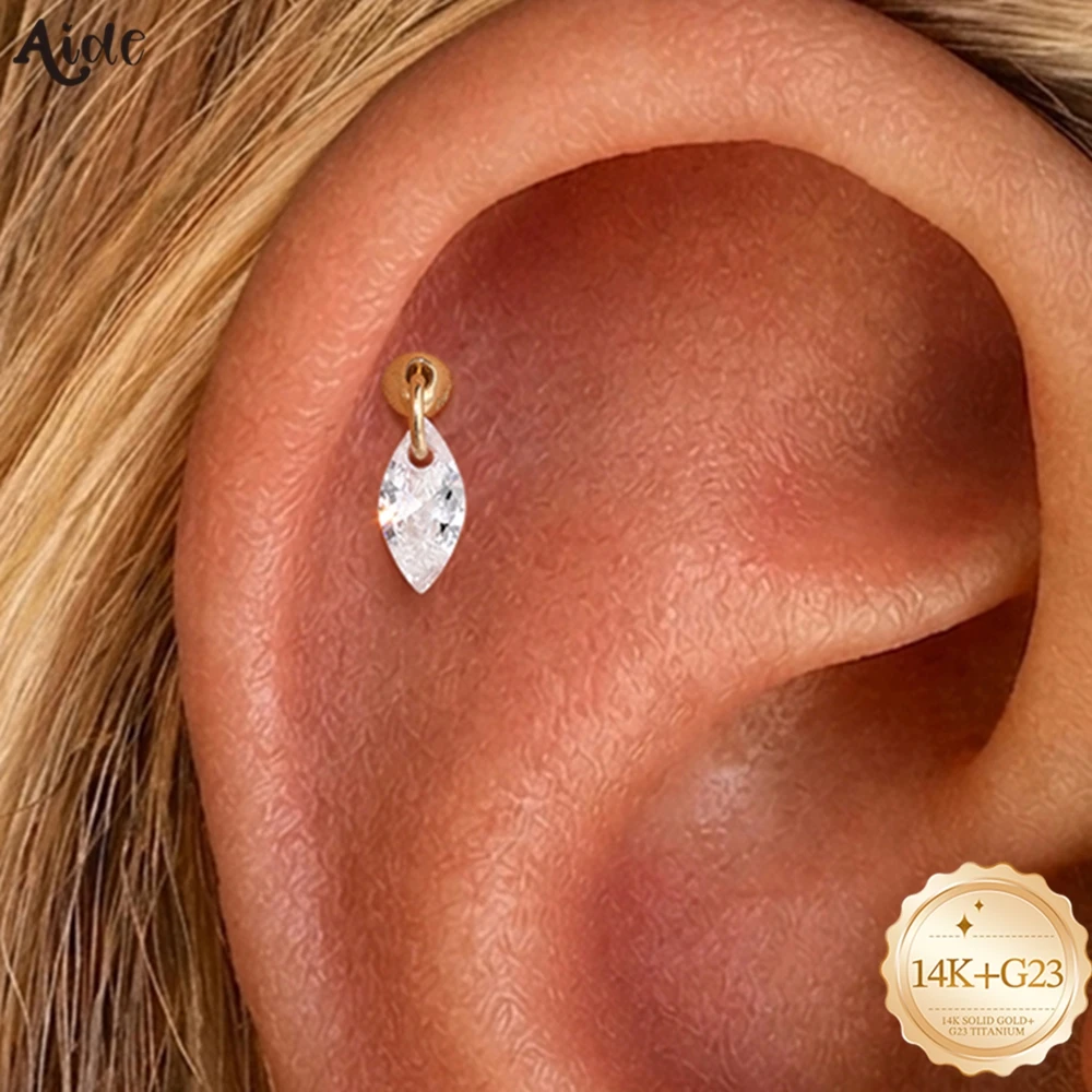 Aide 14K Karat Gold Zircon Dangle Labret Piercing Earrings For Women Stackable Ear Bone Studs For Women Birthday Gifts Jewelry