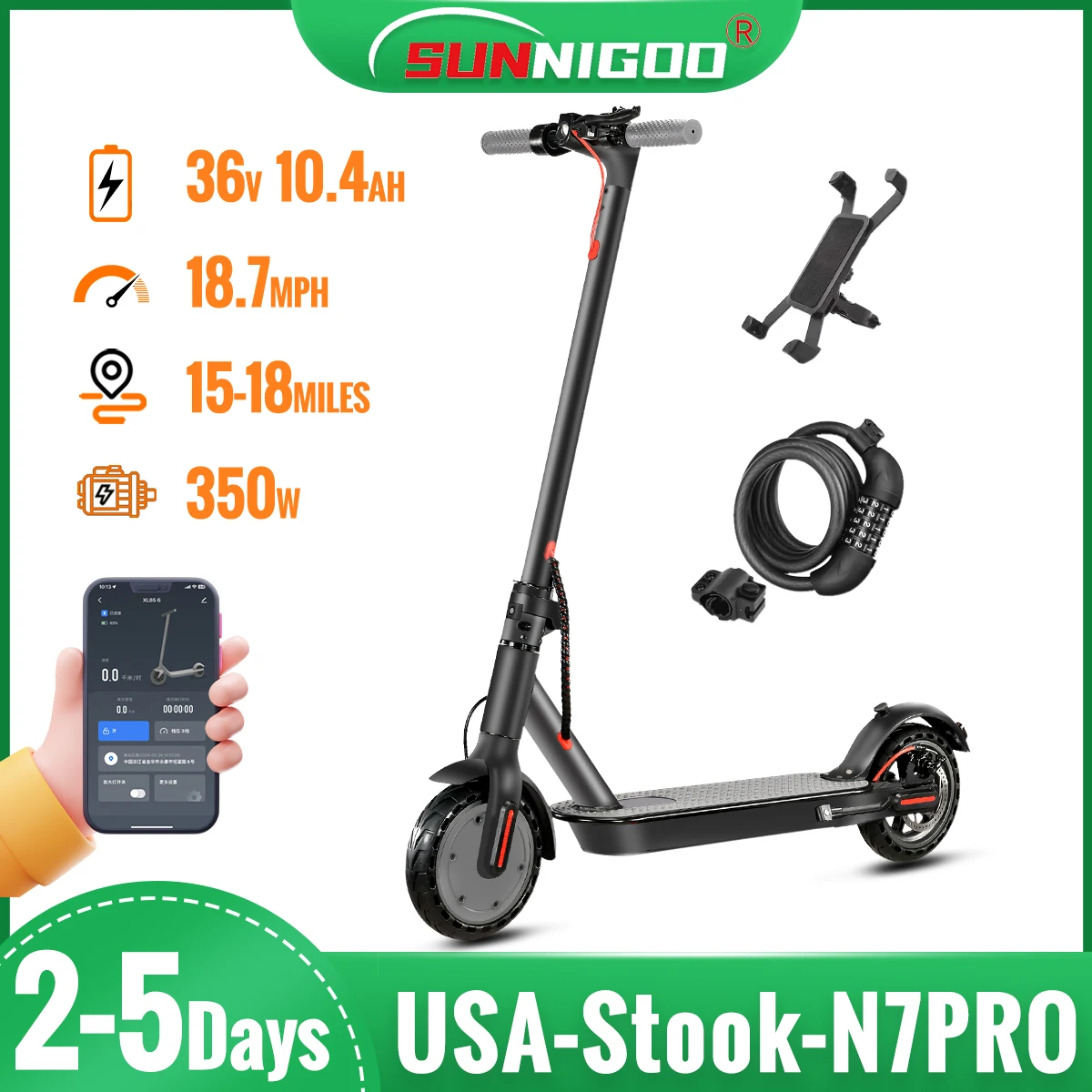 SUNNIGOO N7PRO Electric Scooter Adults 36V 10.4Ah Escooter Long Range 19 Miles Lightweight Kick Scooter US Stock Black With Gift