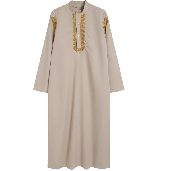 Summer New Men's Robe Solid Color Embroidered Middle Eastern Muslim Long Sleeved Foreign Trade Robe