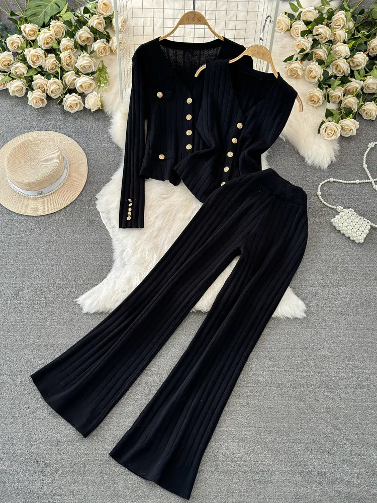 New Autumn Women\'s Knitted 3 Pieces Sets Single Breasted Cardigan+Tank Top+High Waist Wide Leg Long Pants Suits Outfits 2024