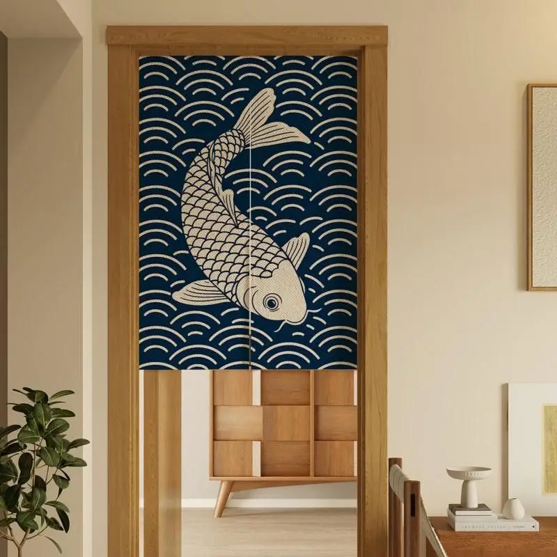 VIKAMA Japanese Seigaiha Wave Door Curtain, Navy Scallop Pattern Short Curtain, Privacy Divider for Kitchen Doorway Home Decor