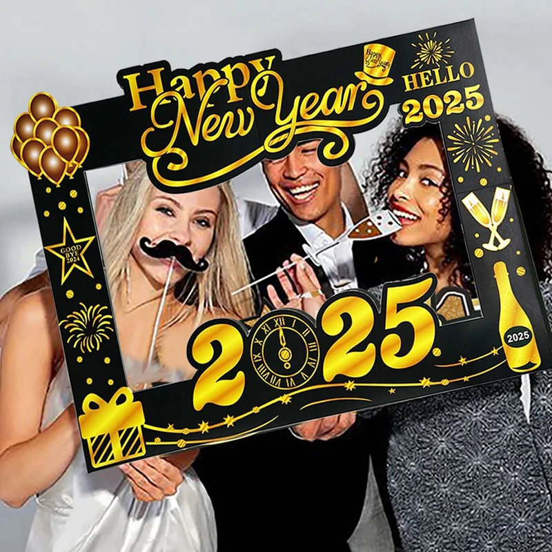 1pcs 2025 Happy New Year กระดาษกรอบรูปกระดาษ Photo Booth Props Family Eve Party ตกแต่ง Photobooth