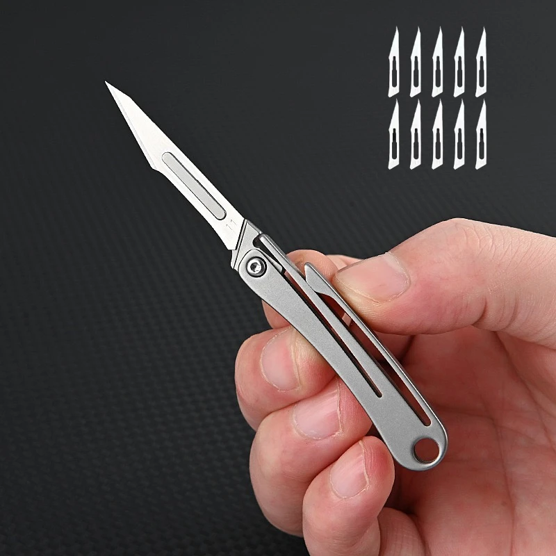 Mini Titanium Alloy Folding Surgical Knife, Medical Outdoor Open Box Portable Surgical Knife with 10pcs Replaceable Blades