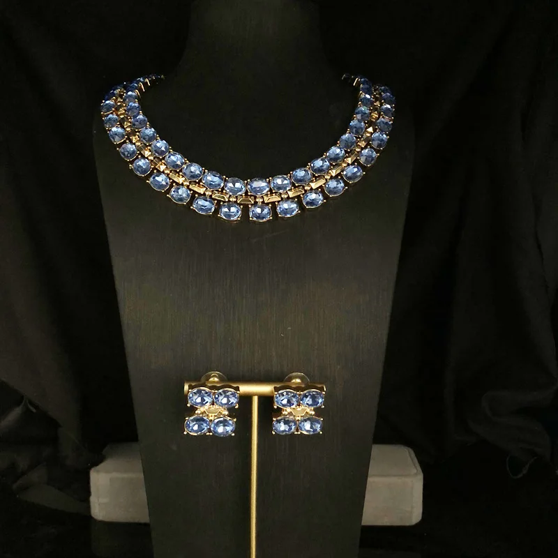 2‑Pcs Jewelry Set Necklace Earrings Round Cut CZ Crystal Statement Collar Neck Ear Jewelry for Women Wedding Banquet
