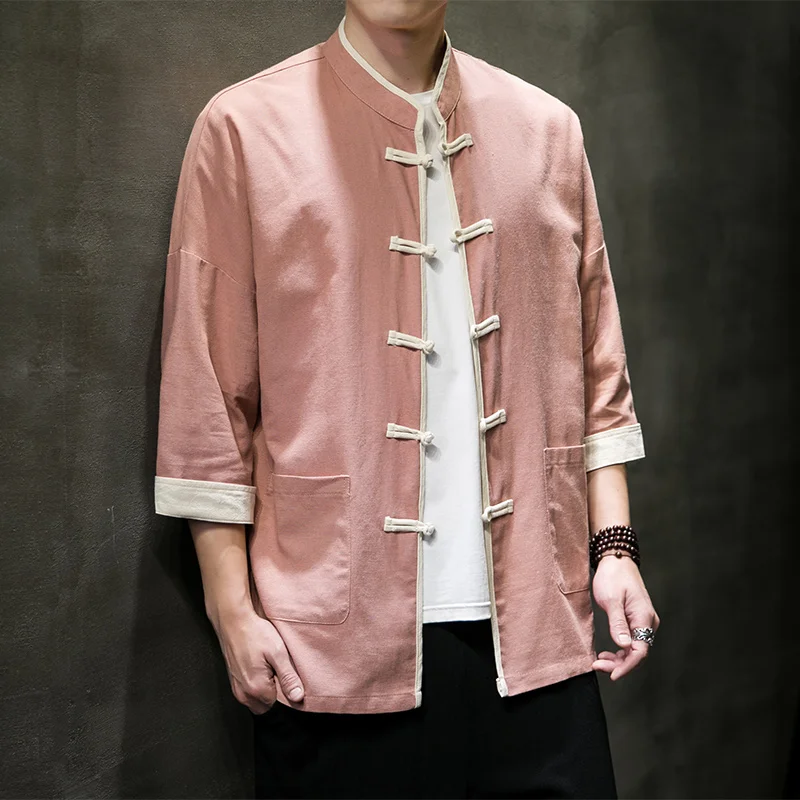 

M-XXXXXL Men's Chinese Style Cardigan Shirt 3/4 Sleeve Mandarin Collar Top with Frog Buttons for Casual & Cultural Wear Clothing