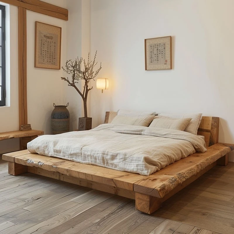 Full solid wood modern simple home double bed log bed wabi-sandy wind bed frame